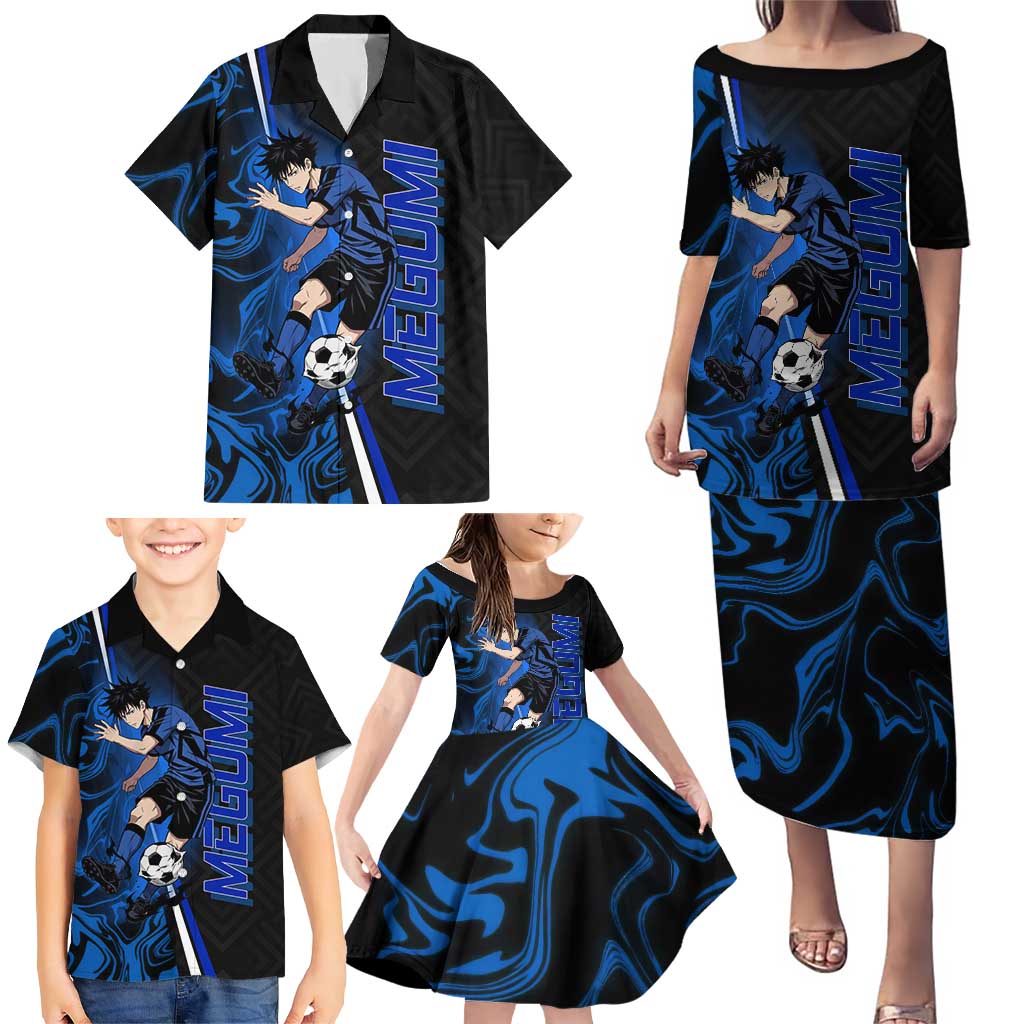 Custom Megumi Fushiguro Jujutsu Kaisen Family Matching Puletasi and Hawaiian Shirt Blue Flames Soccer Theme Anime