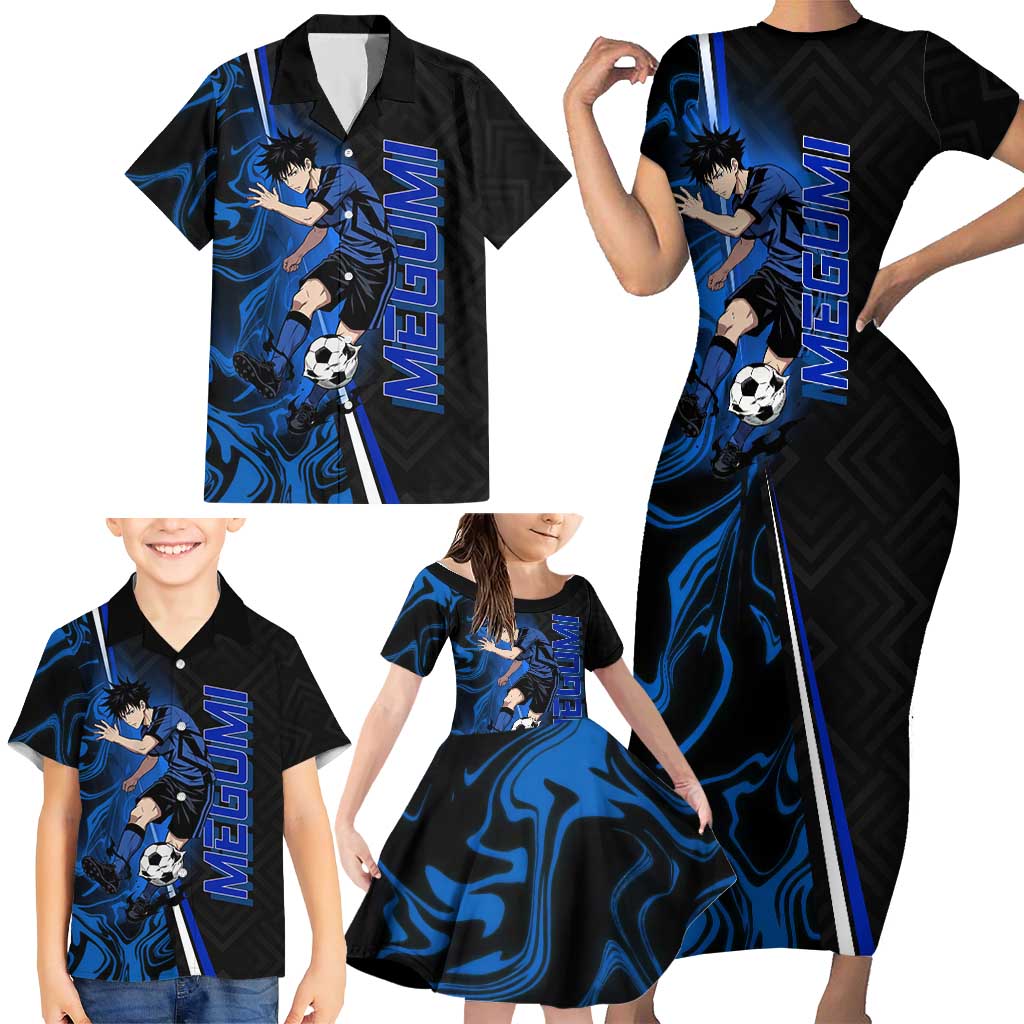 Custom Megumi Fushiguro Jujutsu Kaisen Family Matching Short Sleeve Bodycon Dress and Hawaiian Shirt Blue Flames Soccer Theme Anime