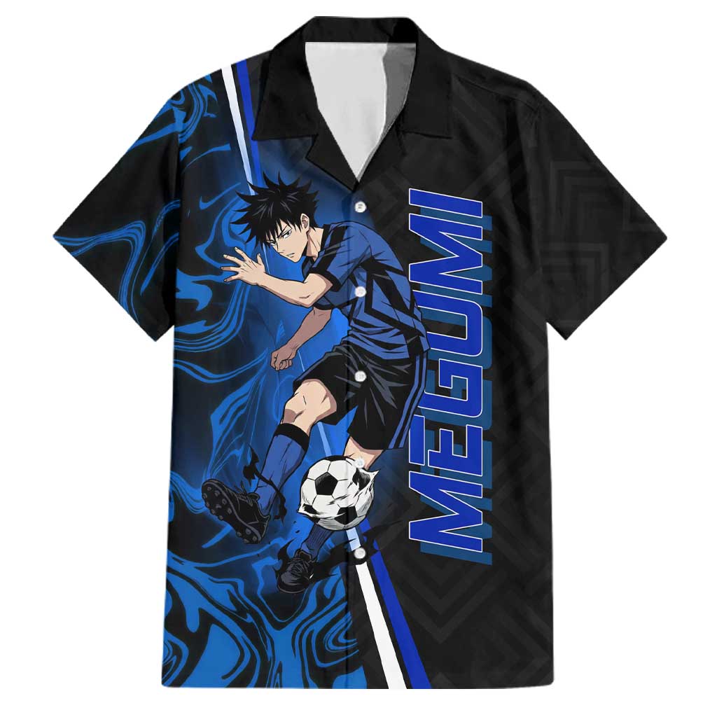 Custom Megumi Fushiguro Jujutsu Kaisen Family Matching Short Sleeve Bodycon Dress and Hawaiian Shirt Blue Flames Soccer Theme Anime