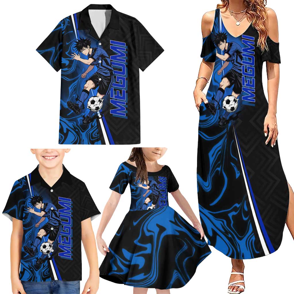 Custom Megumi Fushiguro Jujutsu Kaisen Family Matching Summer Maxi Dress and Hawaiian Shirt Blue Flames Soccer Theme Anime