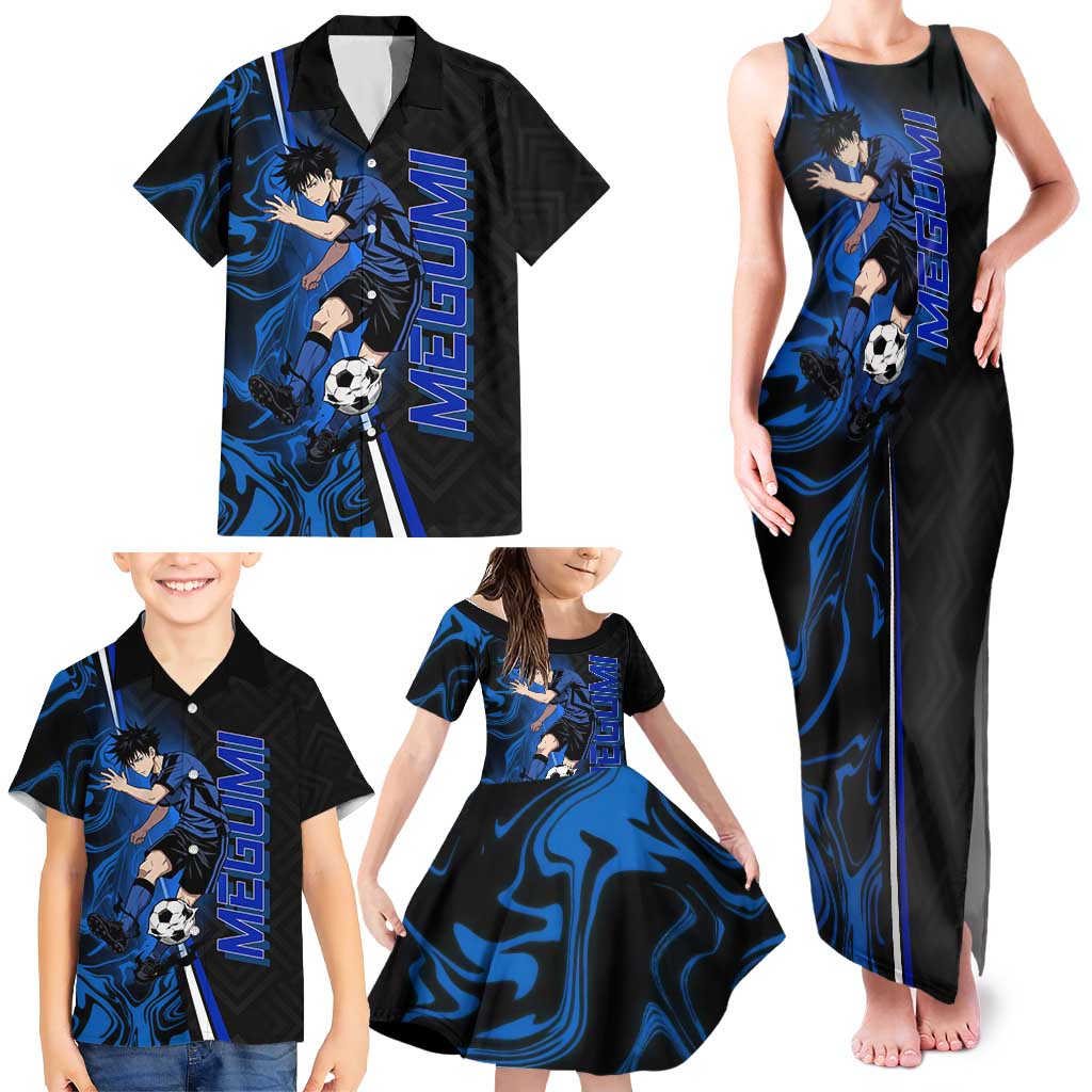Custom Megumi Fushiguro Jujutsu Kaisen Family Matching Tank Maxi Dress and Hawaiian Shirt Blue Flames Soccer Theme Anime