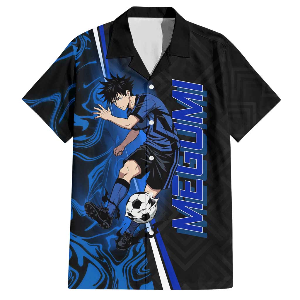 Custom Megumi Fushiguro Jujutsu Kaisen Hawaiian Shirt Blue Flames Soccer Theme Anime