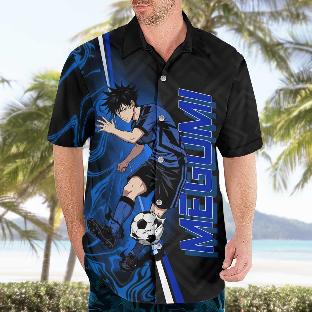 Custom Megumi Fushiguro Jujutsu Kaisen Hawaiian Shirt Blue Flames Soccer Theme Anime