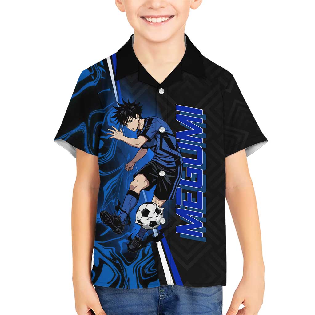 Custom Megumi Fushiguro Jujutsu Kaisen Hawaiian Shirt Blue Flames Soccer Theme Anime