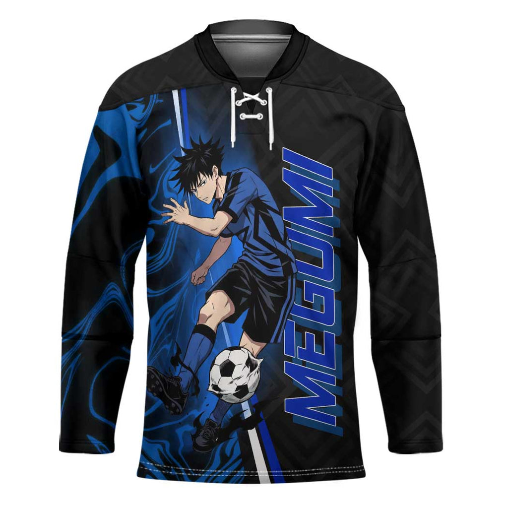 Custom Megumi Fushiguro Jujutsu Kaisen Hockey Jersey Blue Flames Soccer Theme Anime