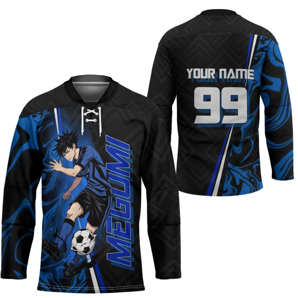 Custom Megumi Fushiguro Jujutsu Kaisen Hockey Jersey Blue Flames Soccer Theme Anime
