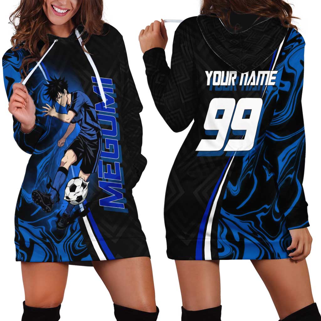 Custom Megumi Fushiguro Jujutsu Kaisen Hoodie Dress Blue Flames Soccer Theme Anime