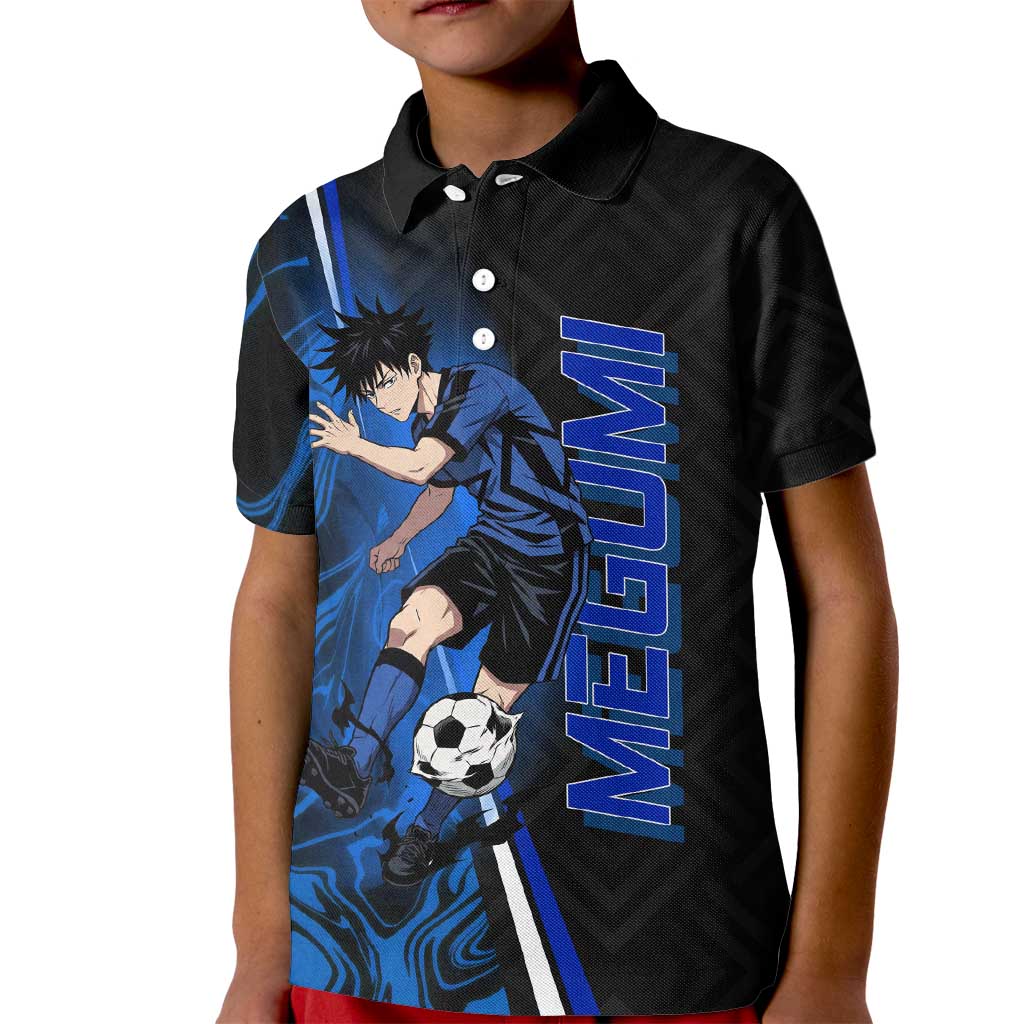 Custom Megumi Fushiguro Jujutsu Kaisen Kid Polo Shirt Blue Flames Soccer Theme Anime