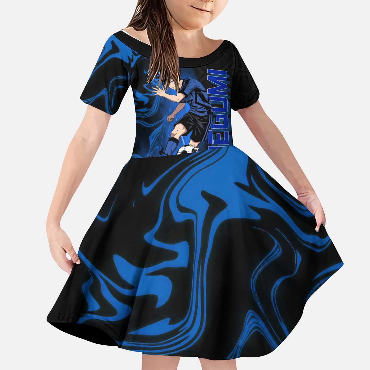 Custom Megumi Fushiguro Jujutsu Kaisen Kid Short Sleeve Dress Blue Flames Soccer Theme Anime