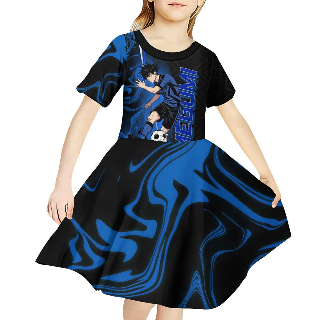 Custom Megumi Fushiguro Jujutsu Kaisen Kid Short Sleeve Dress Blue Flames Soccer Theme Anime