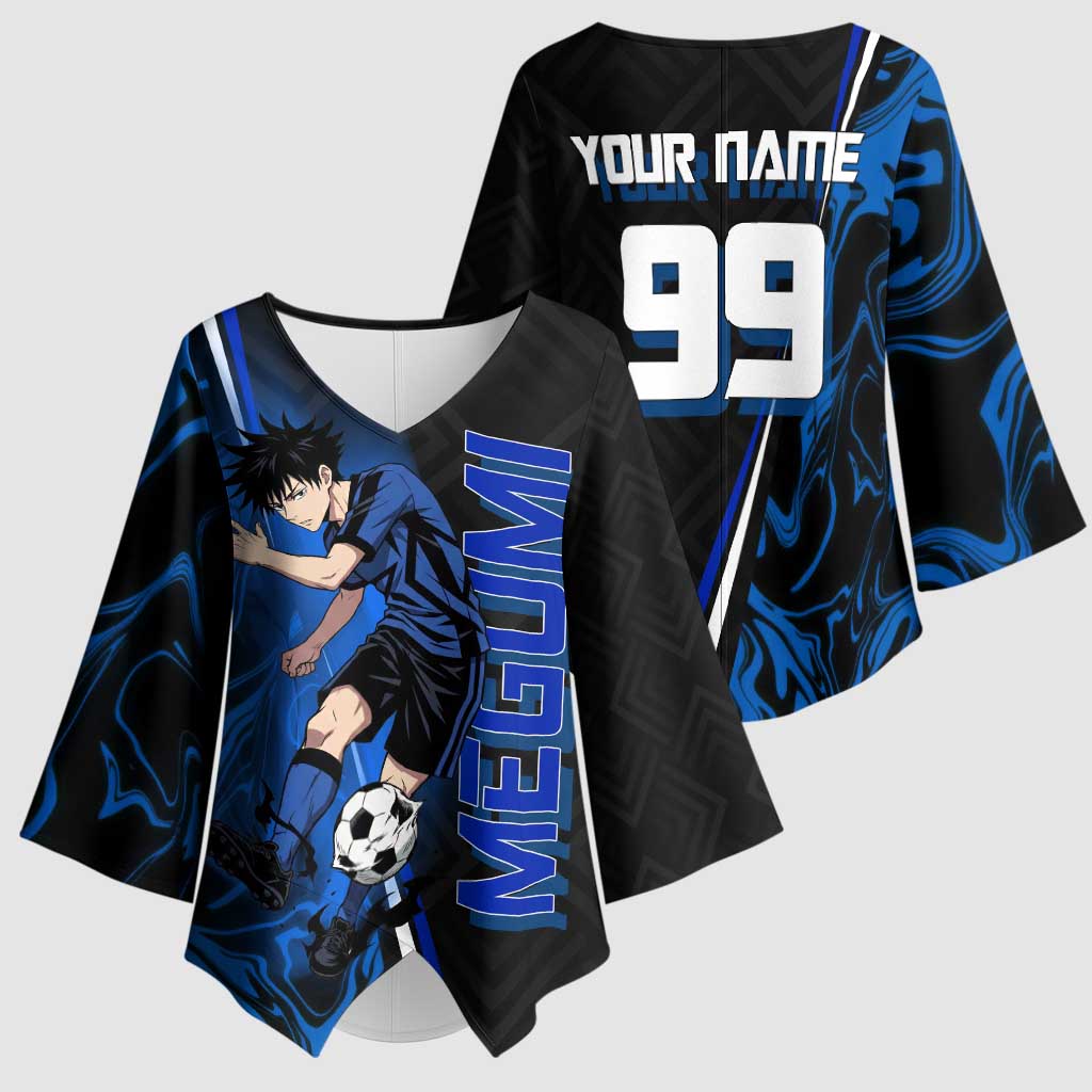 Custom Megumi Fushiguro Jujutsu Kaisen Kimono Sleeve Blouse Blue Flames Soccer Theme Anime