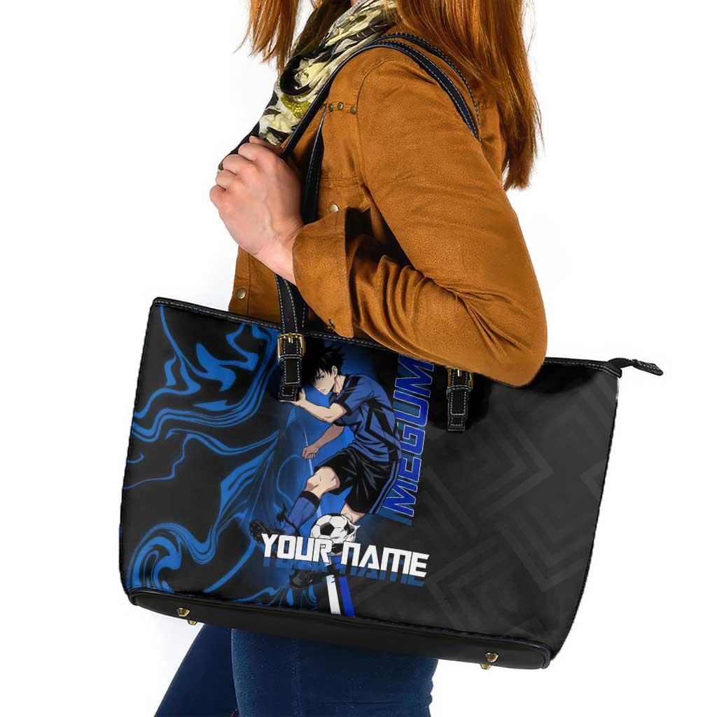 Custom Megumi Fushiguro Jujutsu Kaisen Leather Tote Bag Blue Flames Soccer Theme Anime