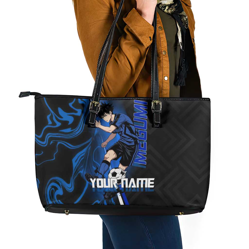 Custom Megumi Fushiguro Jujutsu Kaisen Leather Tote Bag Blue Flames Soccer Theme Anime