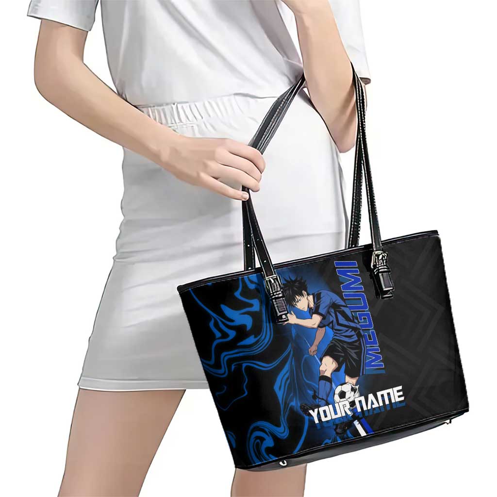 Custom Megumi Fushiguro Jujutsu Kaisen Leather Tote Bag Blue Flames Soccer Theme Anime