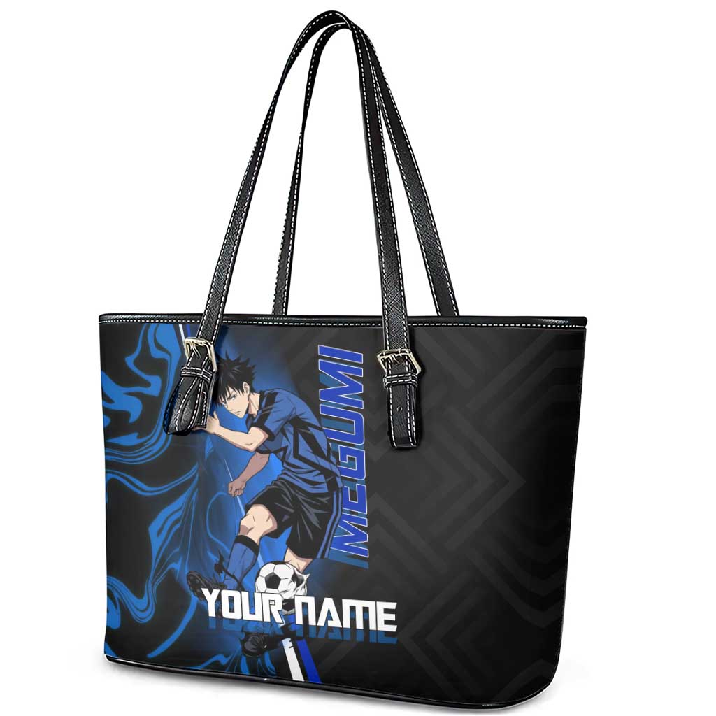Custom Megumi Fushiguro Jujutsu Kaisen Leather Tote Bag Blue Flames Soccer Theme Anime