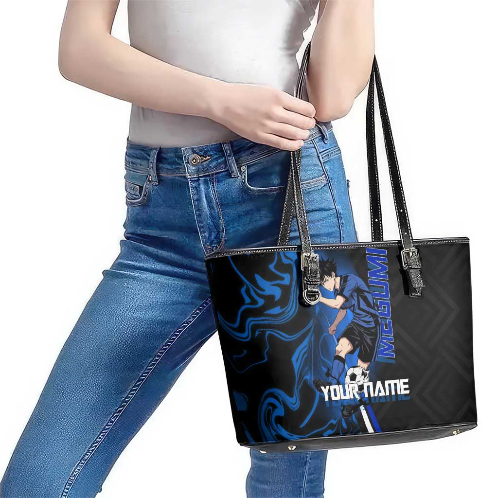 Custom Megumi Fushiguro Jujutsu Kaisen Leather Tote Bag Blue Flames Soccer Theme Anime