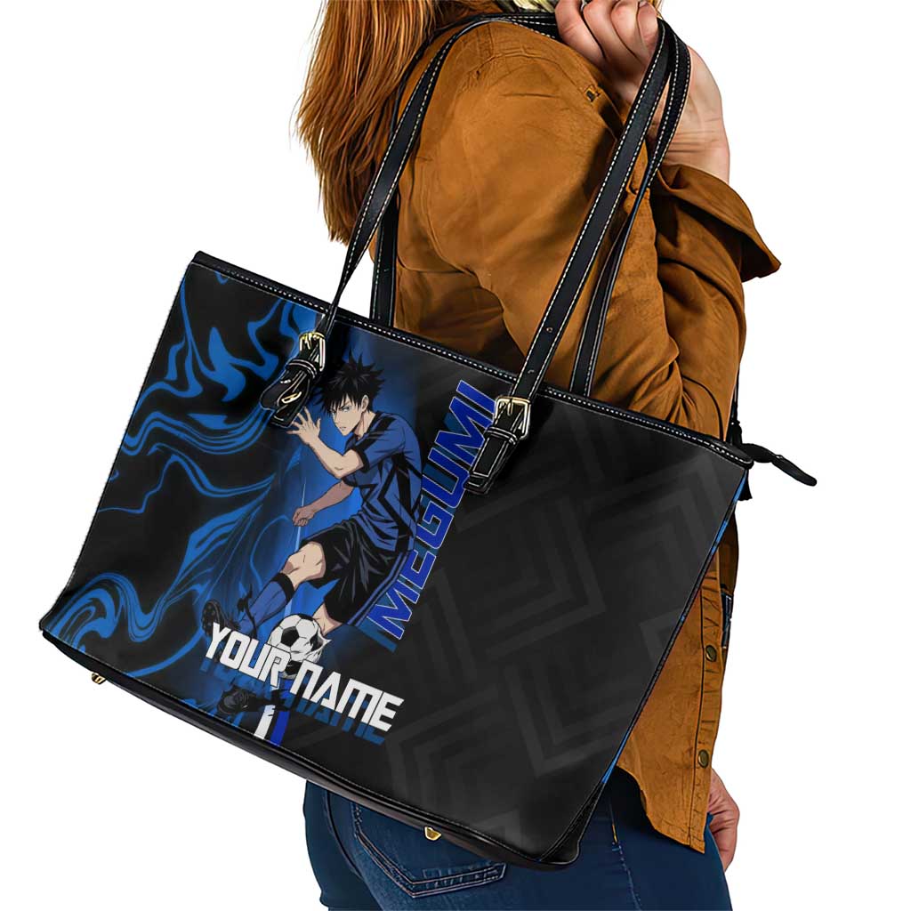 Custom Megumi Fushiguro Jujutsu Kaisen Leather Tote Bag Blue Flames Soccer Theme Anime