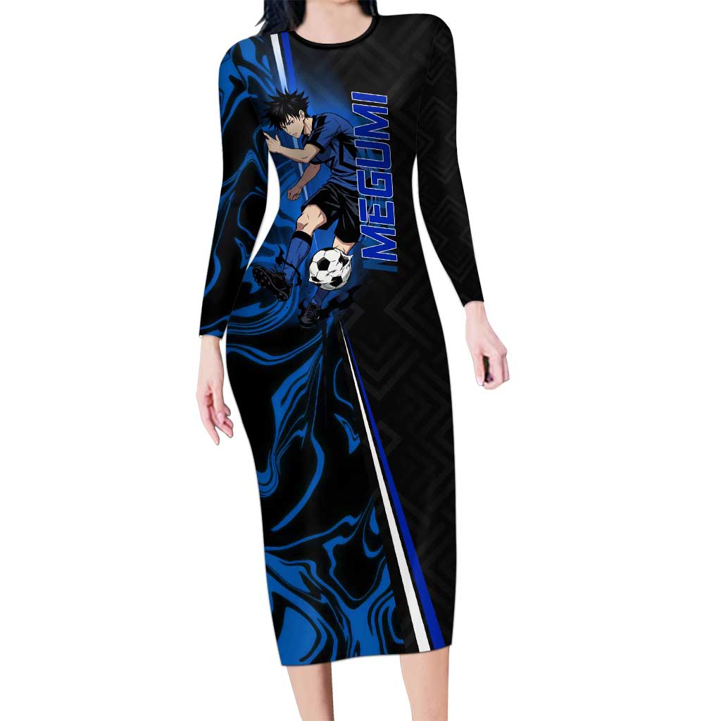 Custom Megumi Fushiguro Jujutsu Kaisen Long Sleeve Bodycon Dress Blue Flames Soccer Theme Anime