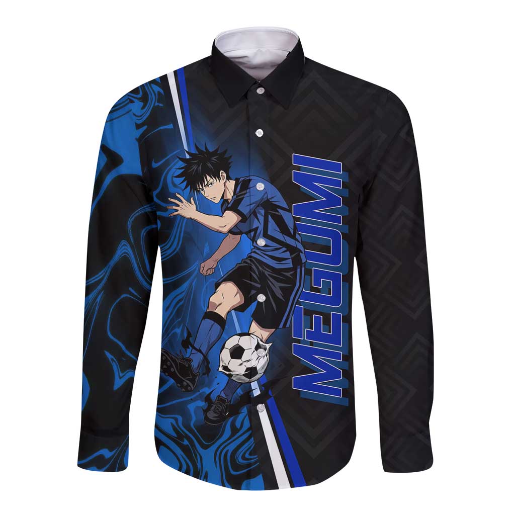 Custom Megumi Fushiguro Jujutsu Kaisen Long Sleeve Button Shirt Blue Flames Soccer Theme Anime