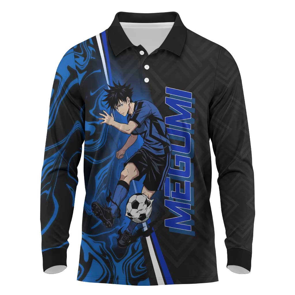Custom Megumi Fushiguro Jujutsu Kaisen Long Sleeve Polo Shirt Blue Flames Soccer Theme Anime