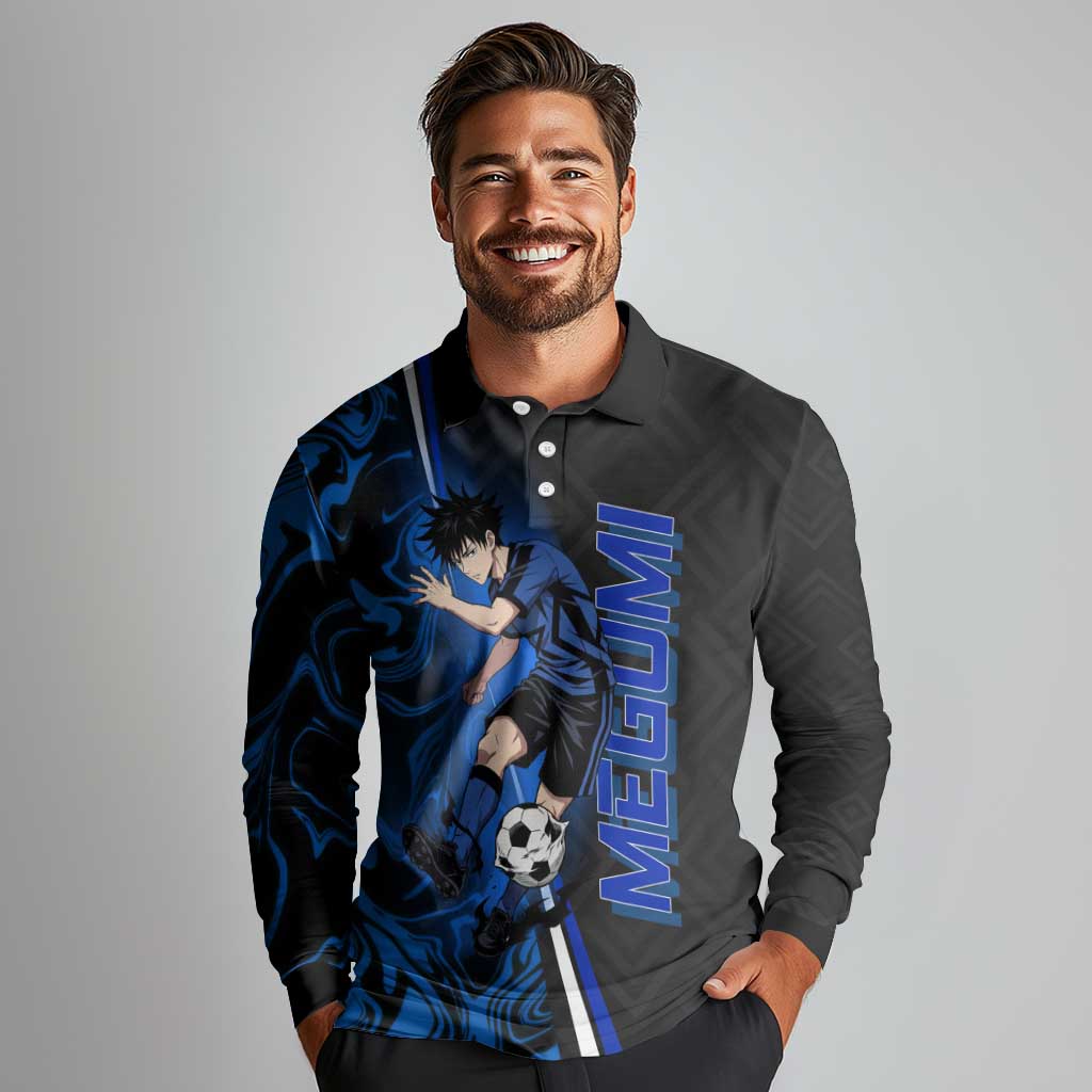 Custom Megumi Fushiguro Jujutsu Kaisen Long Sleeve Polo Shirt Blue Flames Soccer Theme Anime