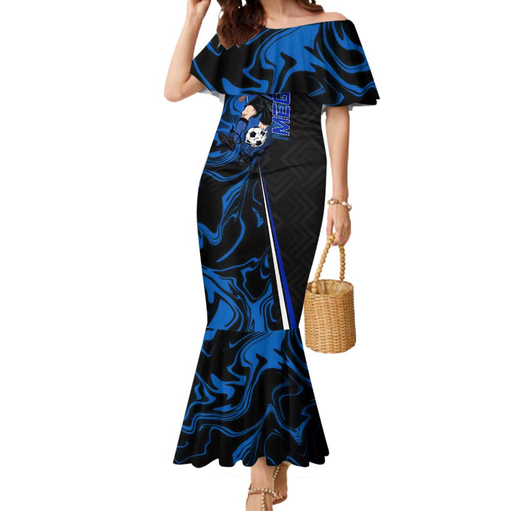 Custom Megumi Fushiguro Jujutsu Kaisen Mermaid Dress Blue Flames Soccer Theme Anime