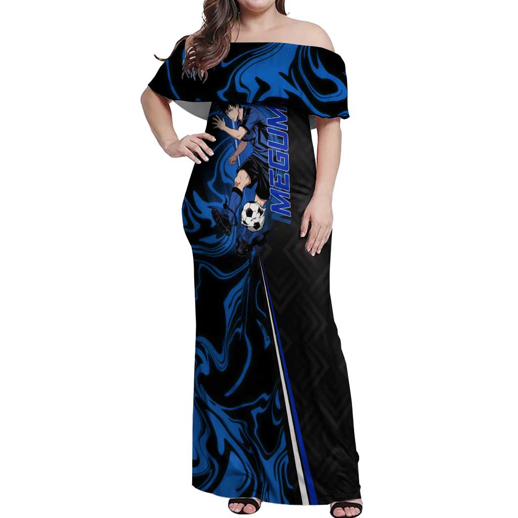 Custom Megumi Fushiguro Jujutsu Kaisen Off Shoulder Maxi Dress Blue Flames Soccer Theme Anime