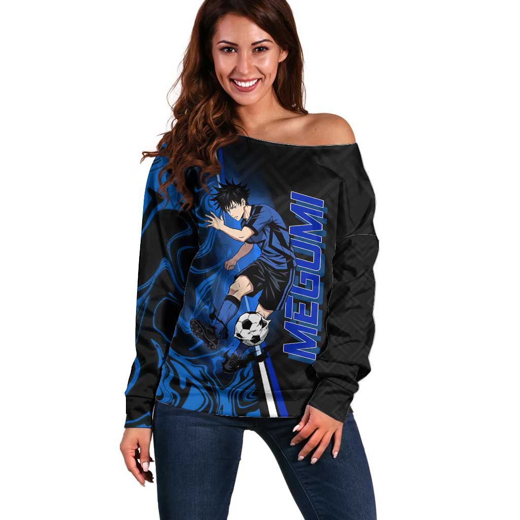 Custom Megumi Fushiguro Jujutsu Kaisen Off Shoulder Sweater Blue Flames Soccer Theme Anime