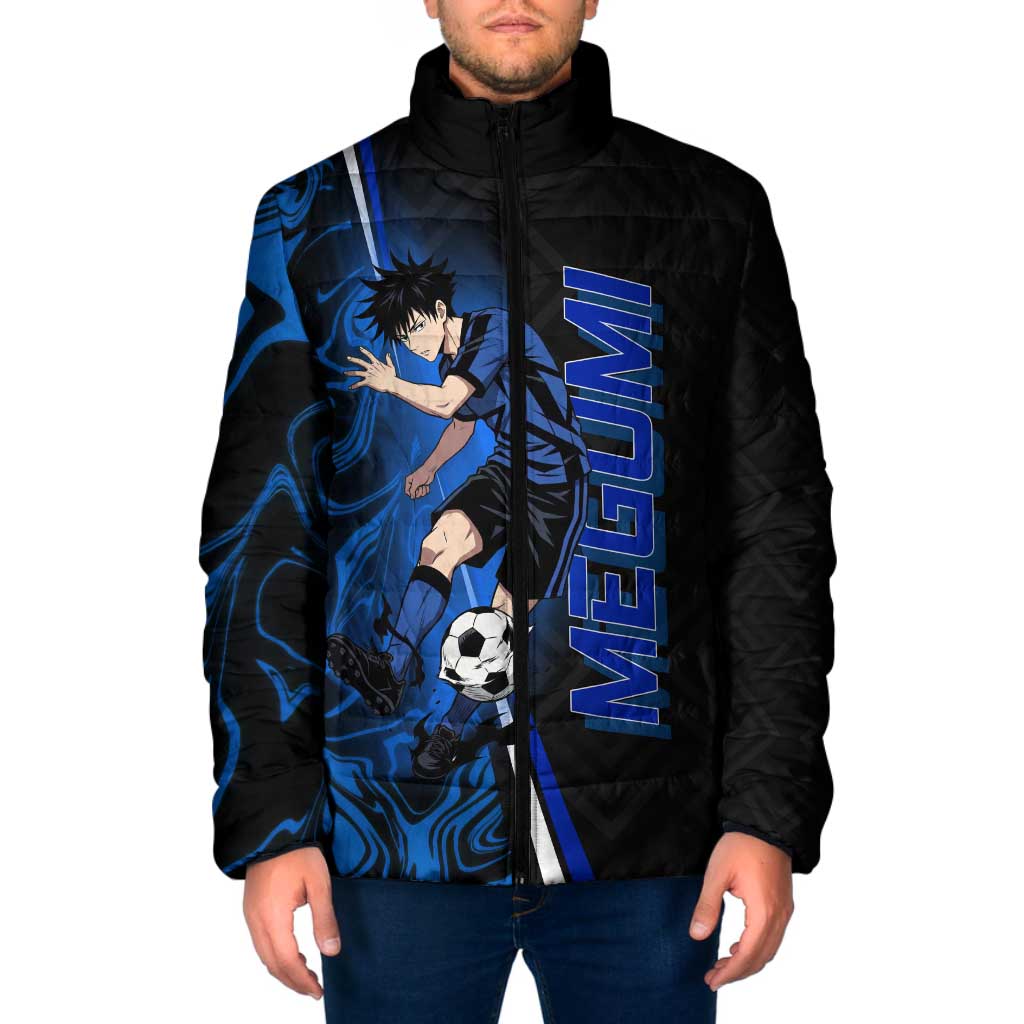 Custom Megumi Fushiguro Jujutsu Kaisen Padded Jacket Blue Flames Soccer Theme Anime