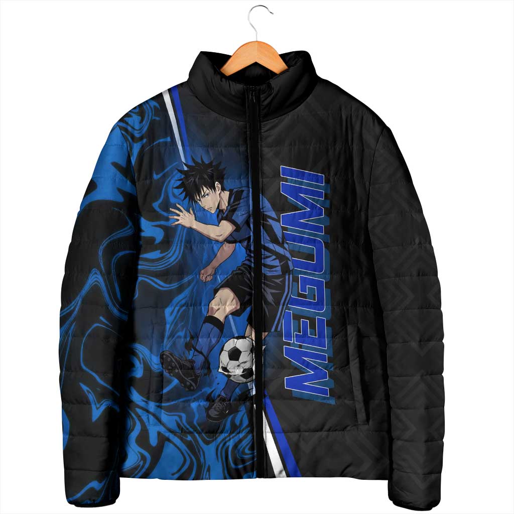 Custom Megumi Fushiguro Jujutsu Kaisen Padded Jacket Blue Flames Soccer Theme Anime