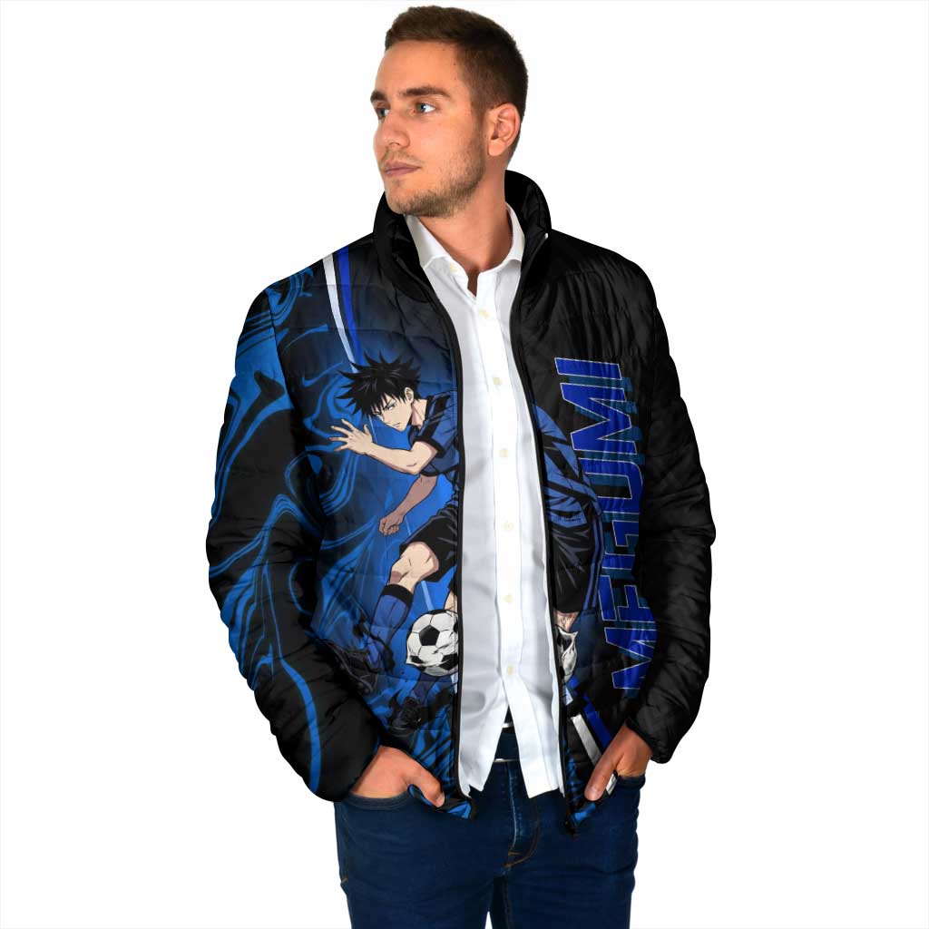 Custom Megumi Fushiguro Jujutsu Kaisen Padded Jacket Blue Flames Soccer Theme Anime