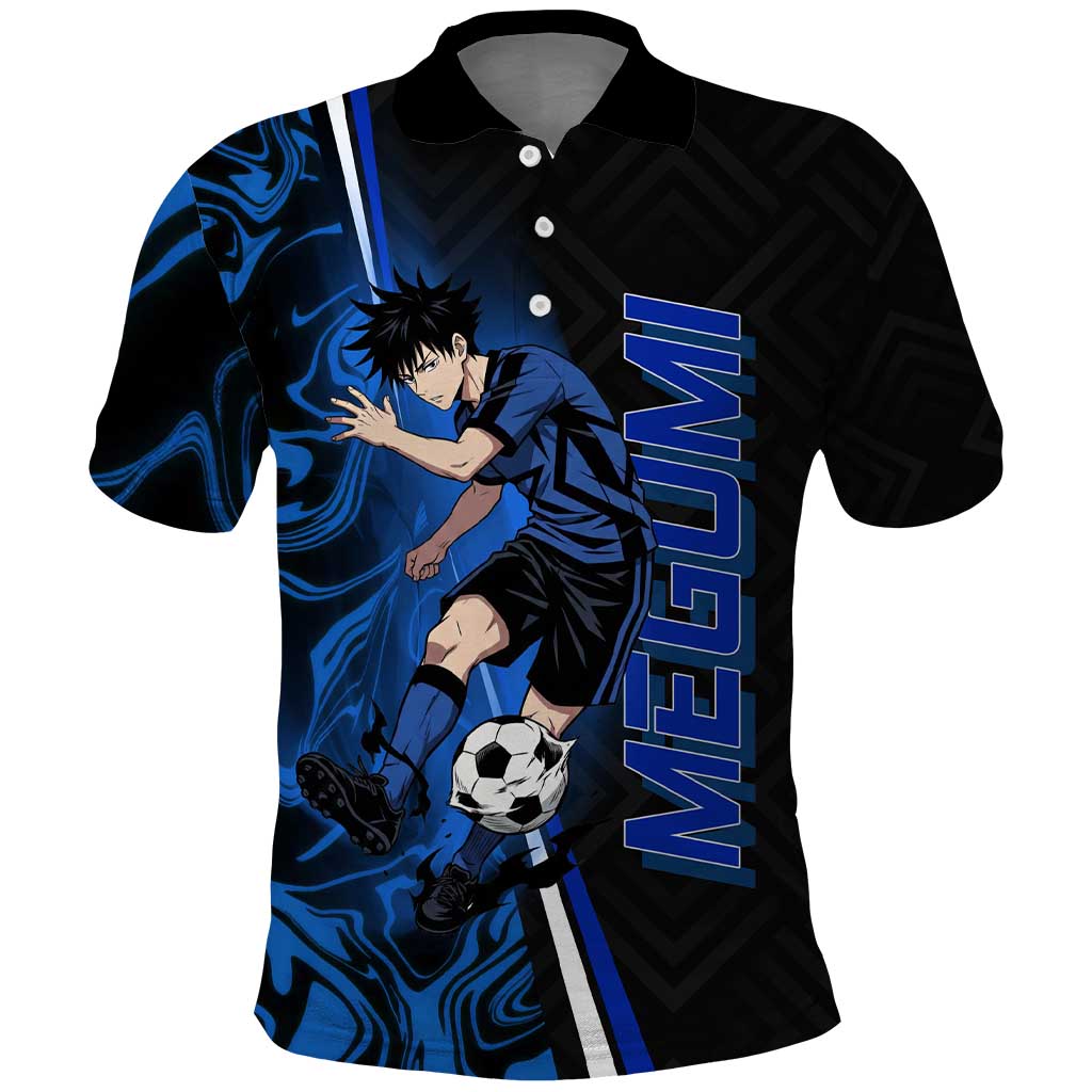 Custom Megumi Fushiguro Jujutsu Kaisen Polo Shirt Blue Flames Soccer Theme Anime
