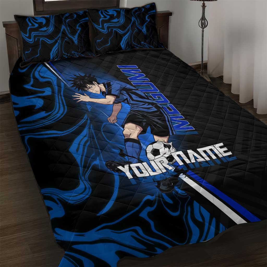 Custom Megumi Fushiguro Jujutsu Kaisen Quilt Bed Set Blue Flames Soccer Theme Anime