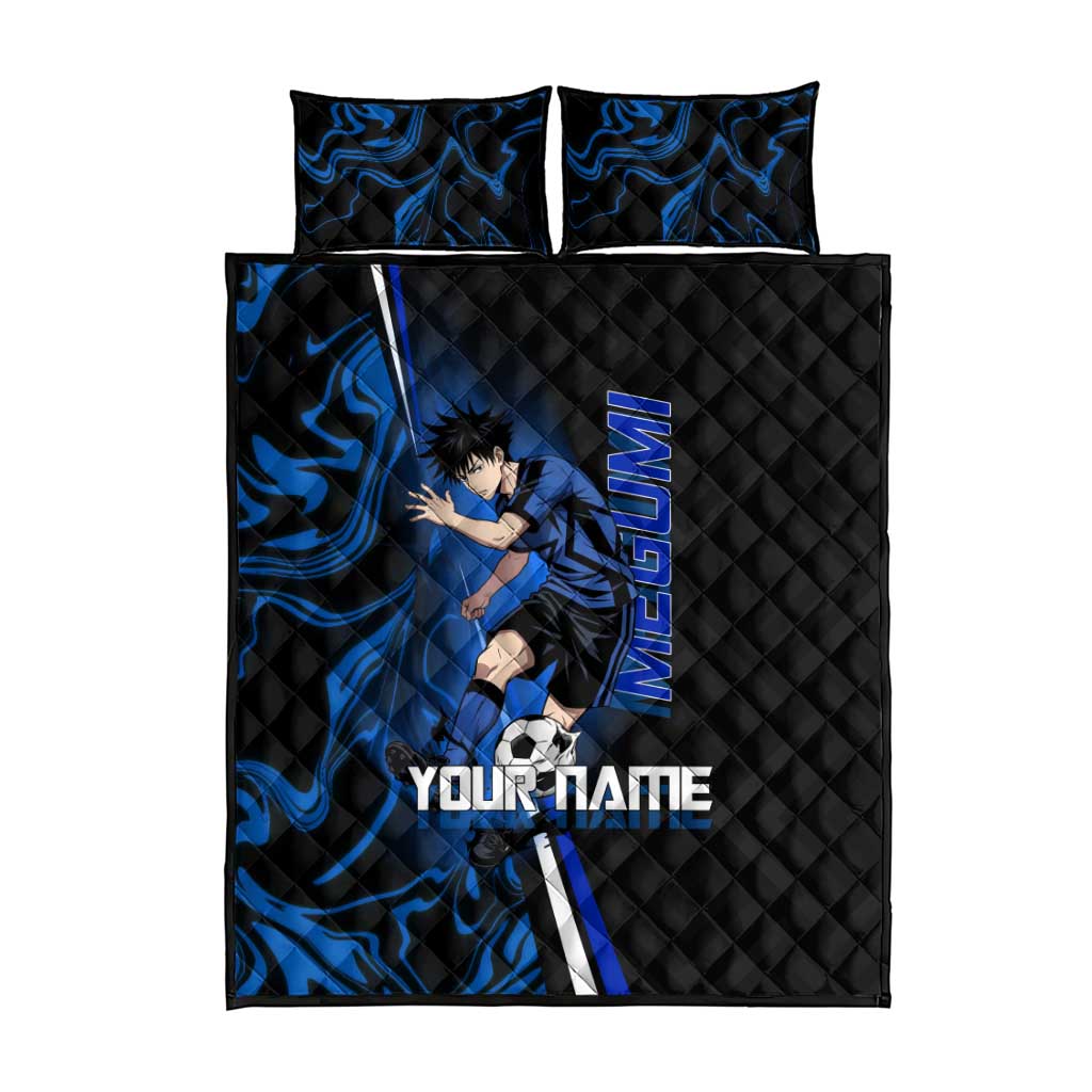 Custom Megumi Fushiguro Jujutsu Kaisen Quilt Bed Set Blue Flames Soccer Theme Anime