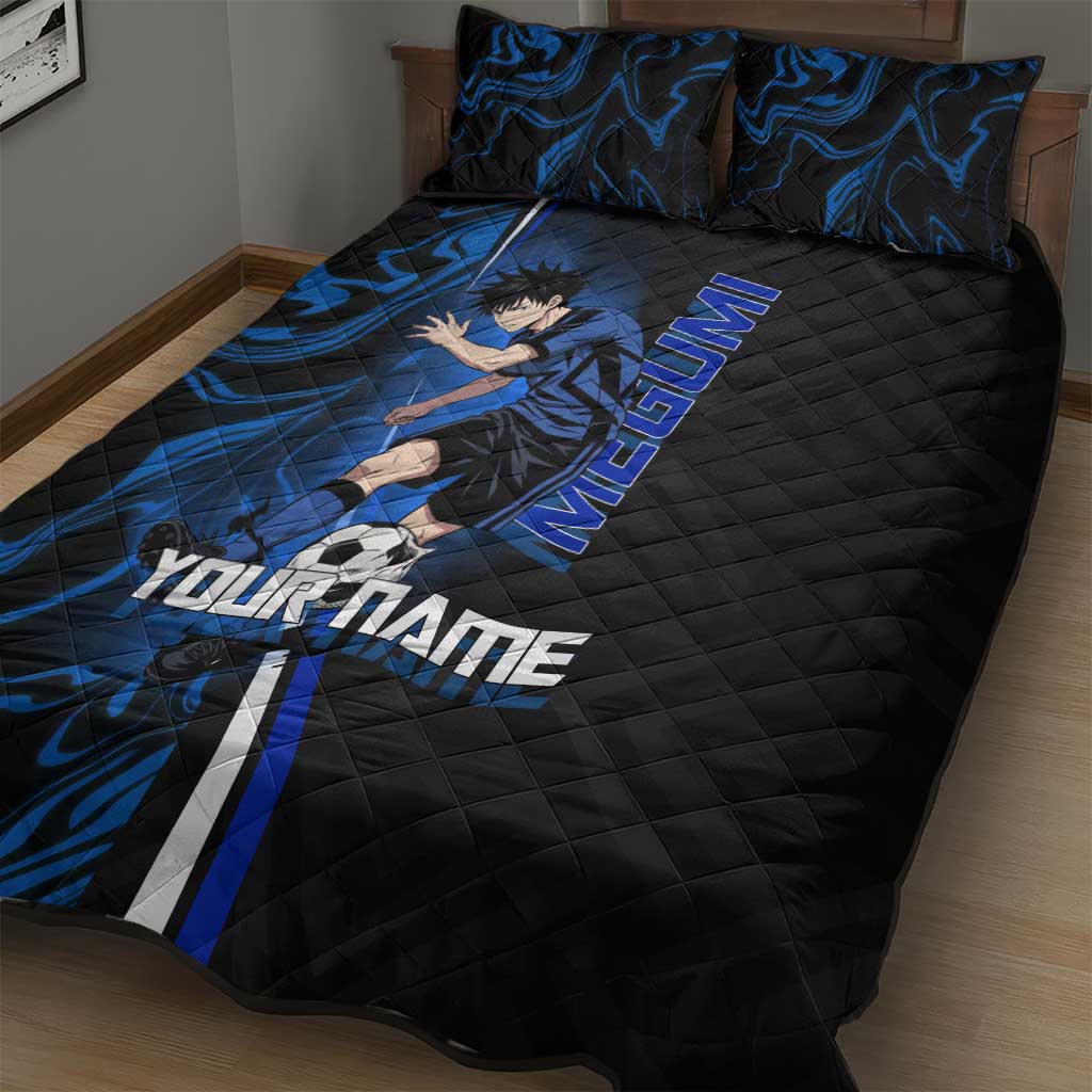 Custom Megumi Fushiguro Jujutsu Kaisen Quilt Bed Set Blue Flames Soccer Theme Anime