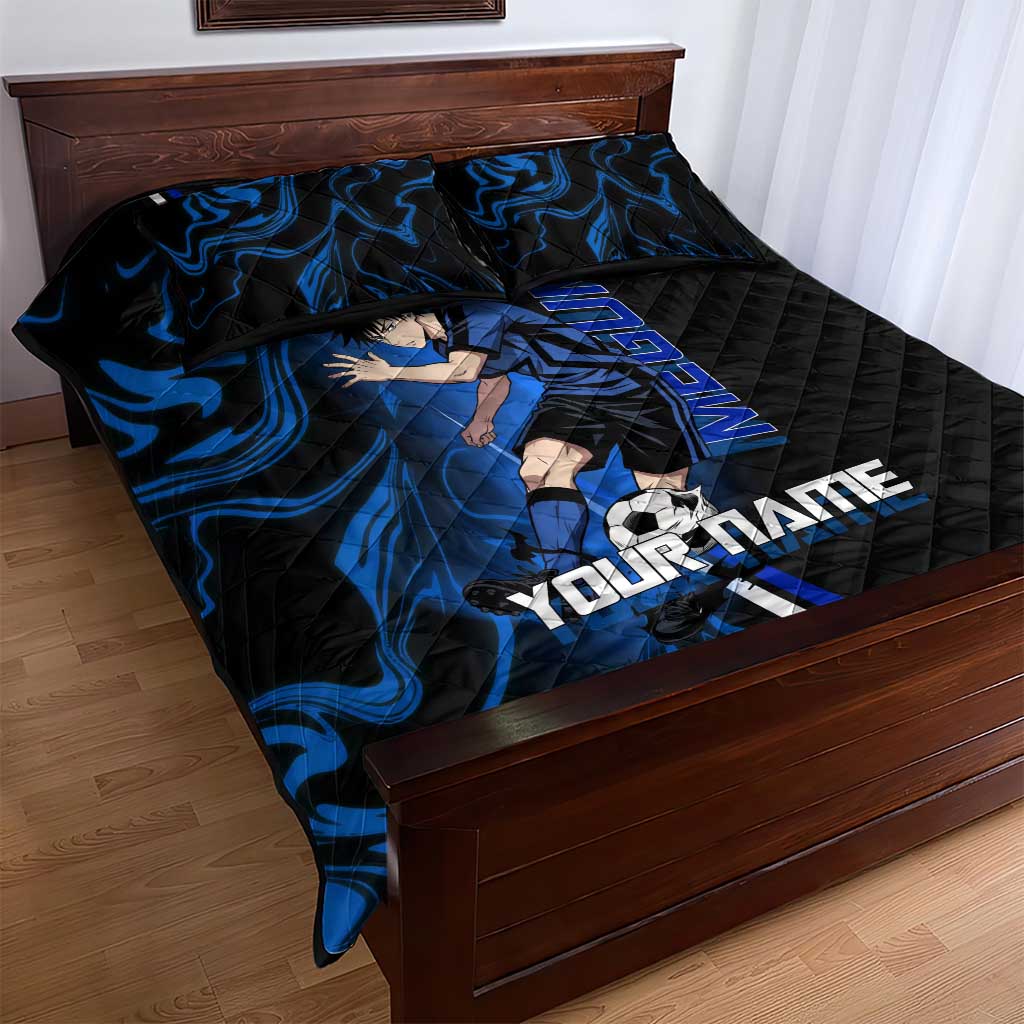 Custom Megumi Fushiguro Jujutsu Kaisen Quilt Bed Set Blue Flames Soccer Theme Anime