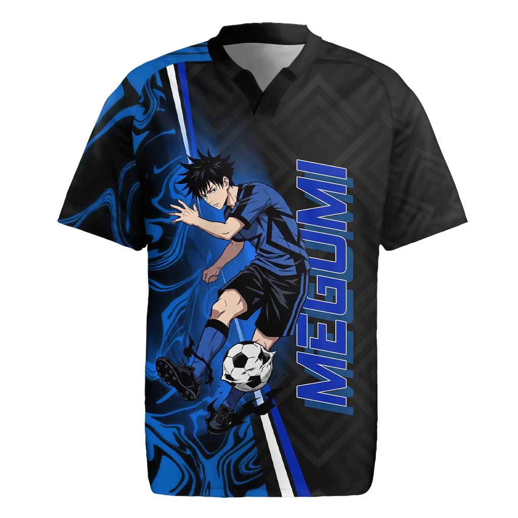 Custom Megumi Fushiguro Jujutsu Kaisen Rugby Jersey Blue Flames Soccer Theme Anime