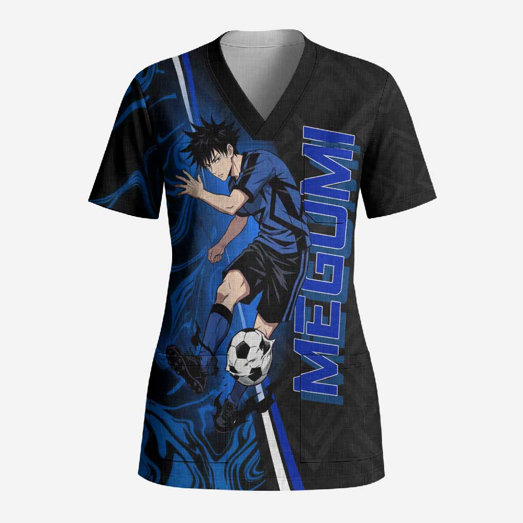 Custom Megumi Fushiguro Jujutsu Kaisen Scrub Top Blue Flames Soccer Theme Anime