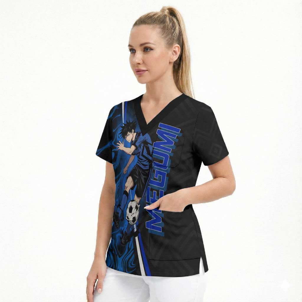 Custom Megumi Fushiguro Jujutsu Kaisen Scrub Top Blue Flames Soccer Theme Anime