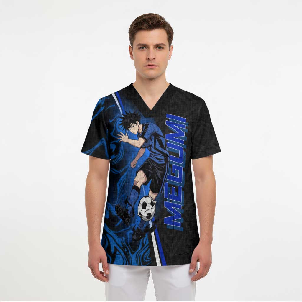 Custom Megumi Fushiguro Jujutsu Kaisen Scrub Top Blue Flames Soccer Theme Anime