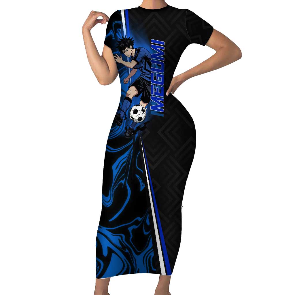 Custom Megumi Fushiguro Jujutsu Kaisen Short Sleeve Bodycon Dress Blue Flames Soccer Theme Anime