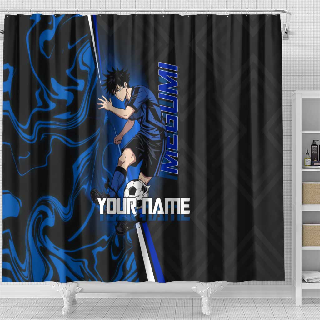 Custom Megumi Fushiguro Jujutsu Kaisen Shower Curtain Blue Flames Soccer Theme Anime