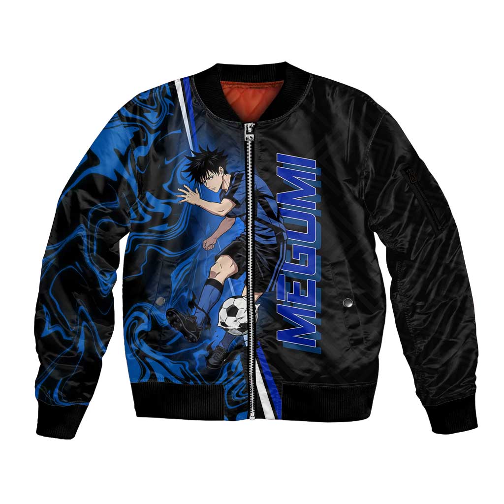 Custom Megumi Fushiguro Jujutsu Kaisen Sleeve Zip Bomber Jacket Blue Flames Soccer Theme Anime