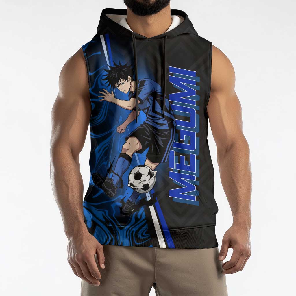 Custom Megumi Fushiguro Jujutsu Kaisen Sleeveless Hoodie Blue Flames Soccer Theme Anime