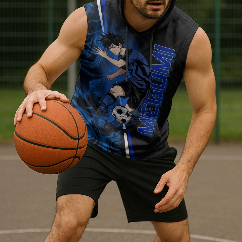 Custom Megumi Fushiguro Jujutsu Kaisen Sleeveless Hoodie Blue Flames Soccer Theme Anime