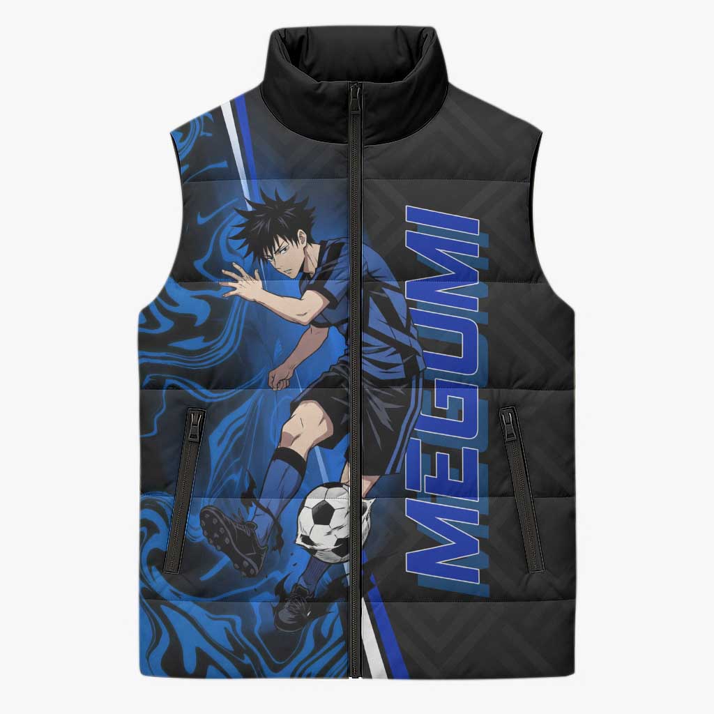 Custom Megumi Fushiguro Jujutsu Kaisen Sleeveless Puffer Jacket Blue Flames Soccer Theme Anime