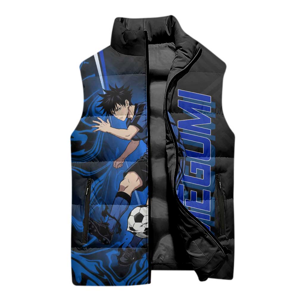 Custom Megumi Fushiguro Jujutsu Kaisen Sleeveless Puffer Jacket Blue Flames Soccer Theme Anime
