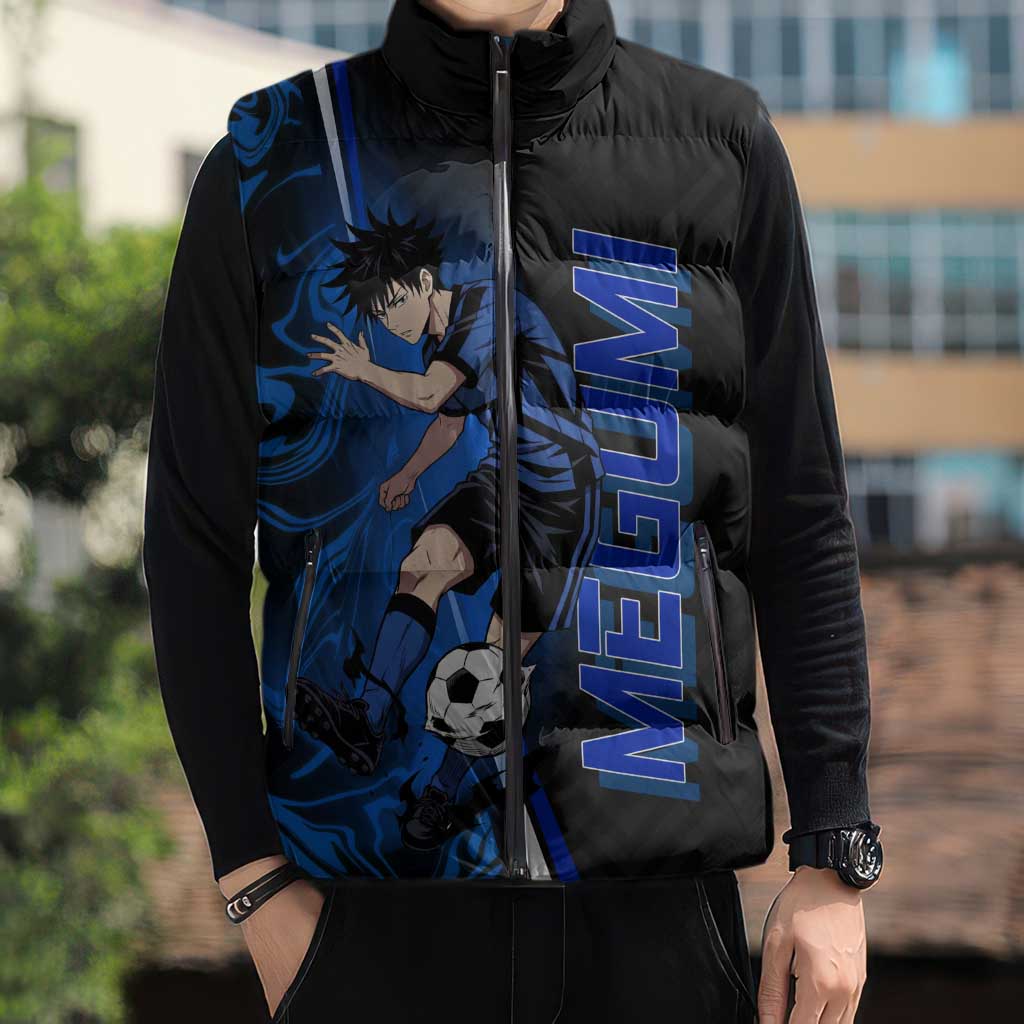 Custom Megumi Fushiguro Jujutsu Kaisen Sleeveless Puffer Jacket Blue Flames Soccer Theme Anime