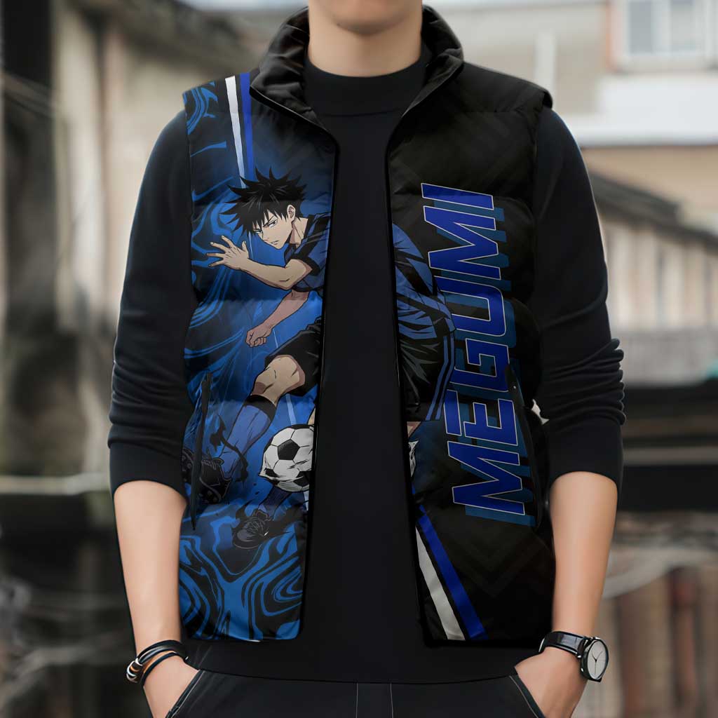 Custom Megumi Fushiguro Jujutsu Kaisen Sleeveless Puffer Jacket Blue Flames Soccer Theme Anime