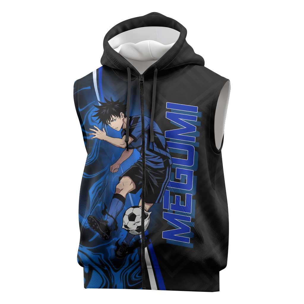 Custom Megumi Fushiguro Jujutsu Kaisen Sleeveless Zip Hoodie Blue Flames Soccer Theme Anime